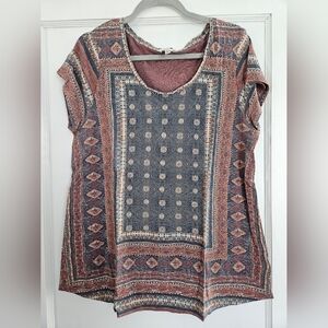Lucky Brand Pink and Blue Boho Short Sleeve Top